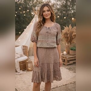 Solitare by Khosla XS Taupe Boho Lace Tiered Dress NWT